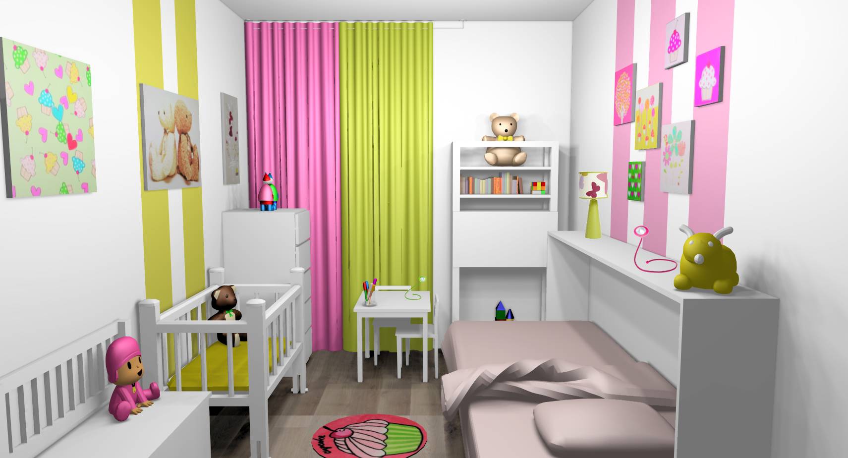 Chambre mixte fille bébé bandes peinture touches vert anis rose 2 ...