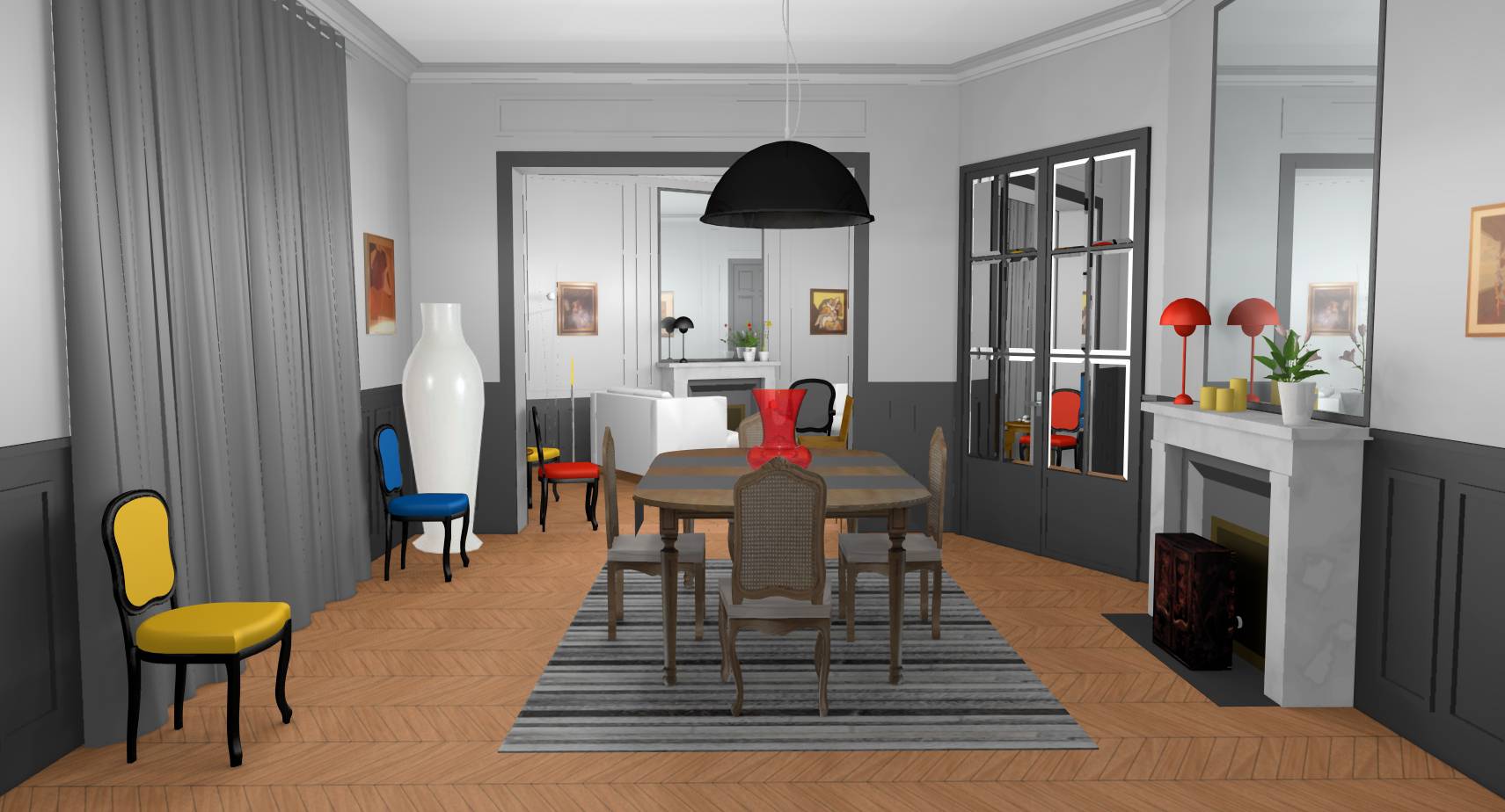 Salle à manger haussmannienne modernisée grise design touches Mondrian