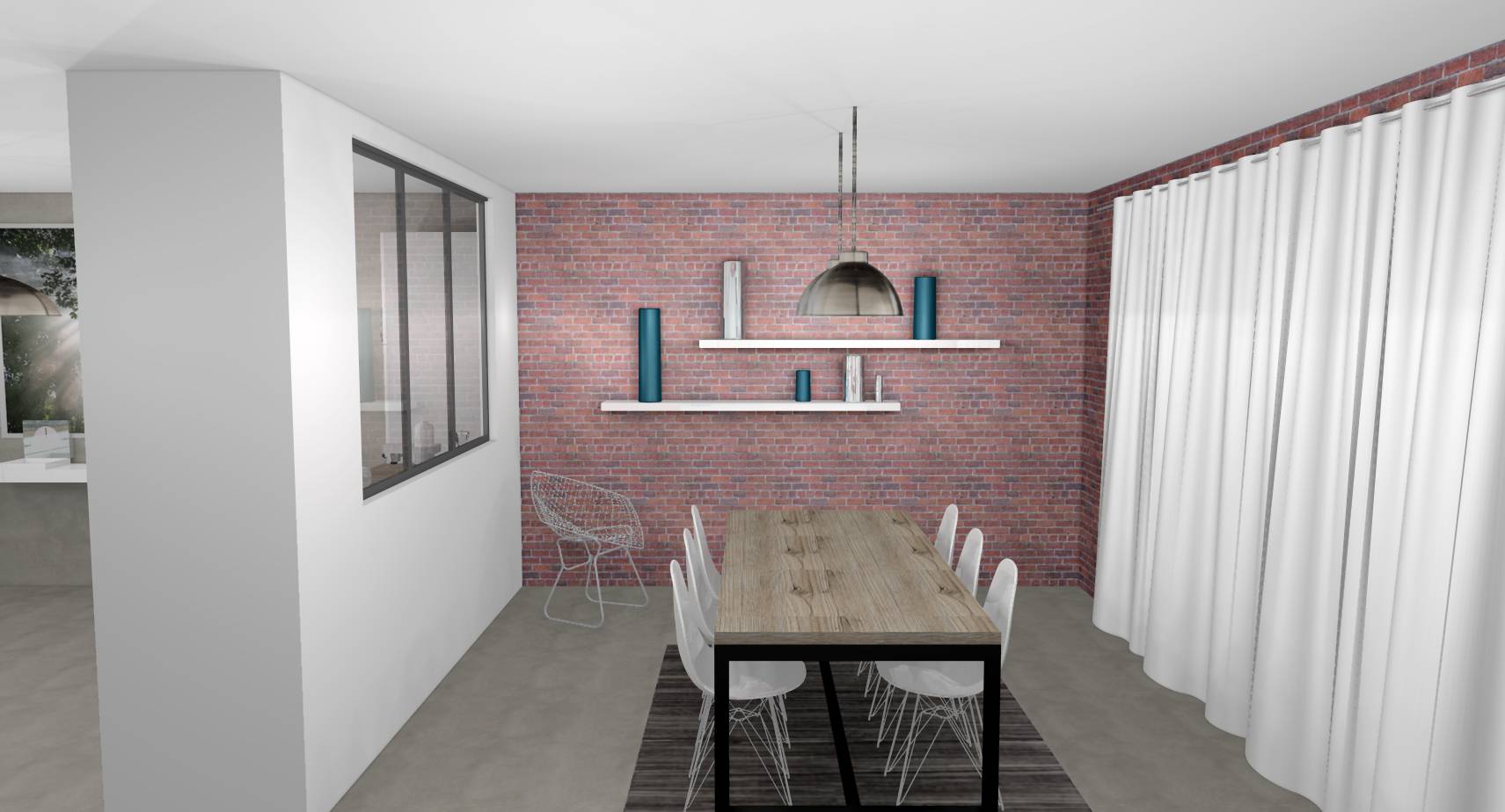 Salle à manger cuisine ouverte industrielles verrière bois métal laqué blanc briques