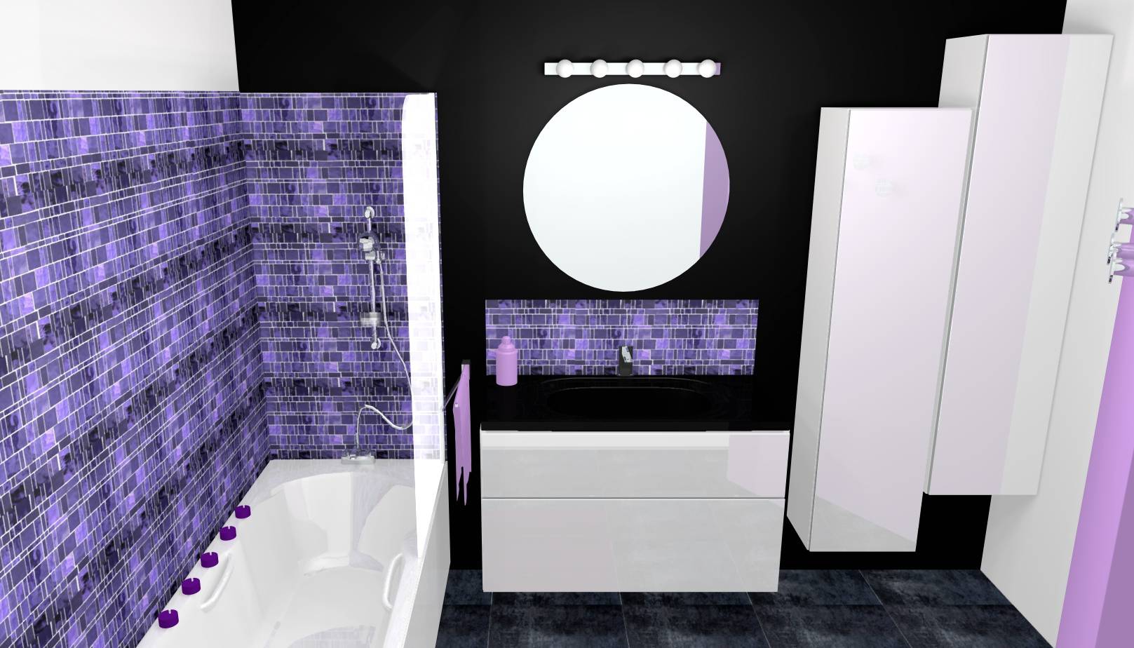 Salle de bain moderne design ado mosaïque violette laqué blanc noir vasque encastrée