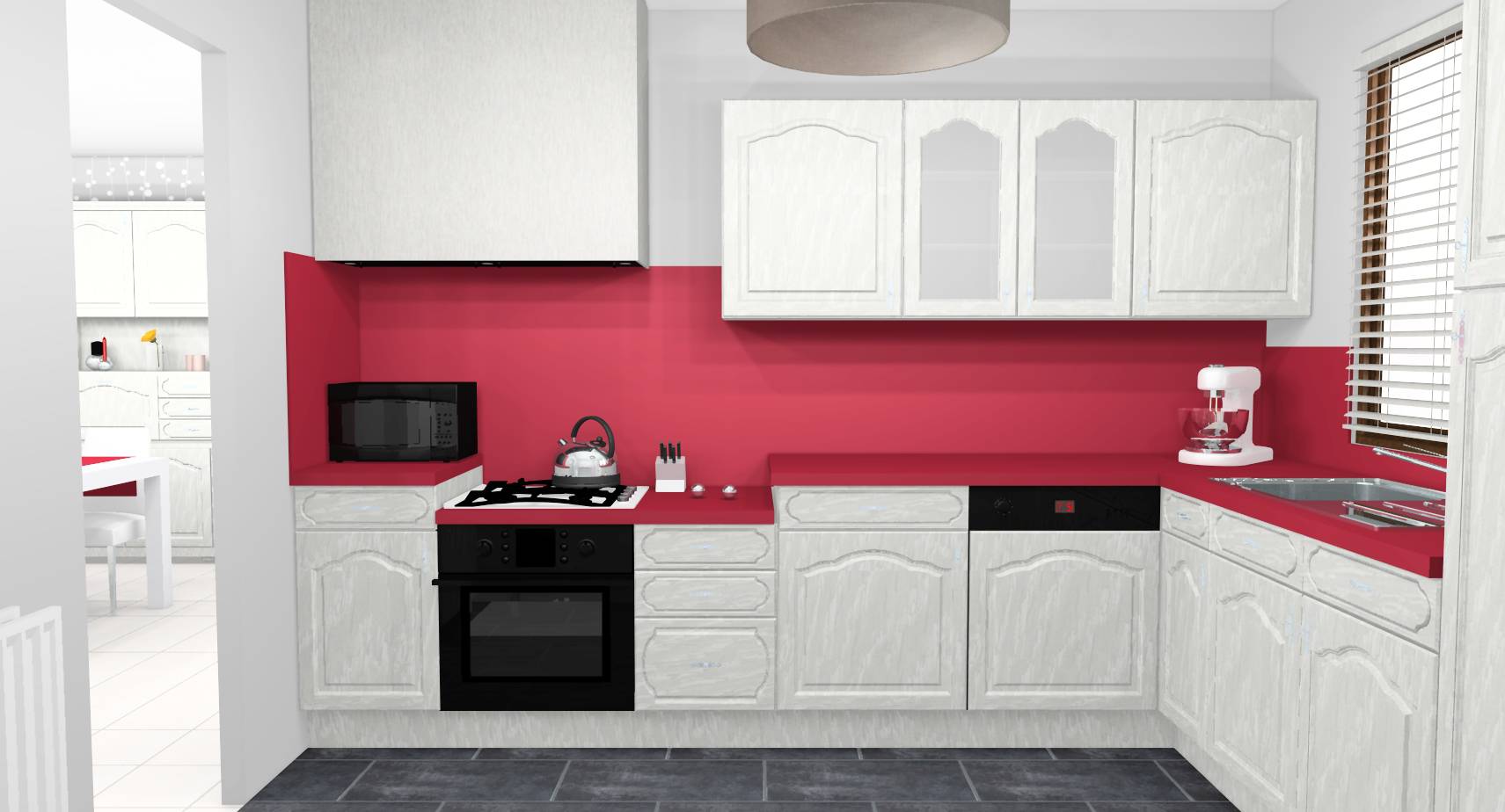 Cuisine campagne chic modernisee meubles peints ceruses rouge gris 1.jpg