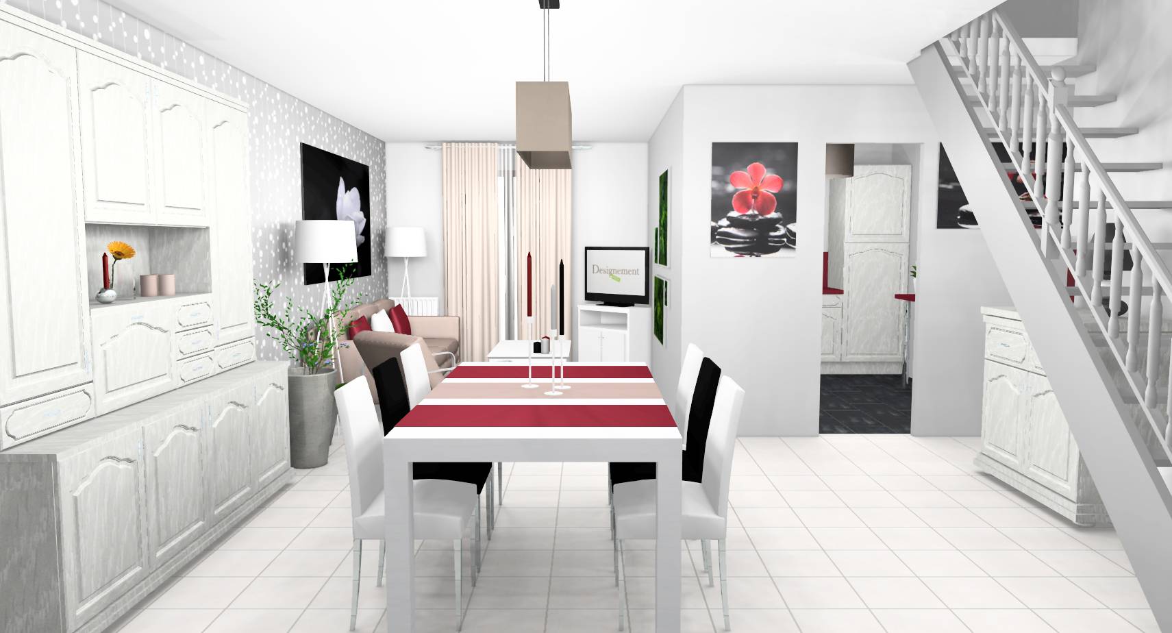 Salle à manger séjour campagne chic modernisée customisation mobilier cérusé gris blanc rouge noir beige
