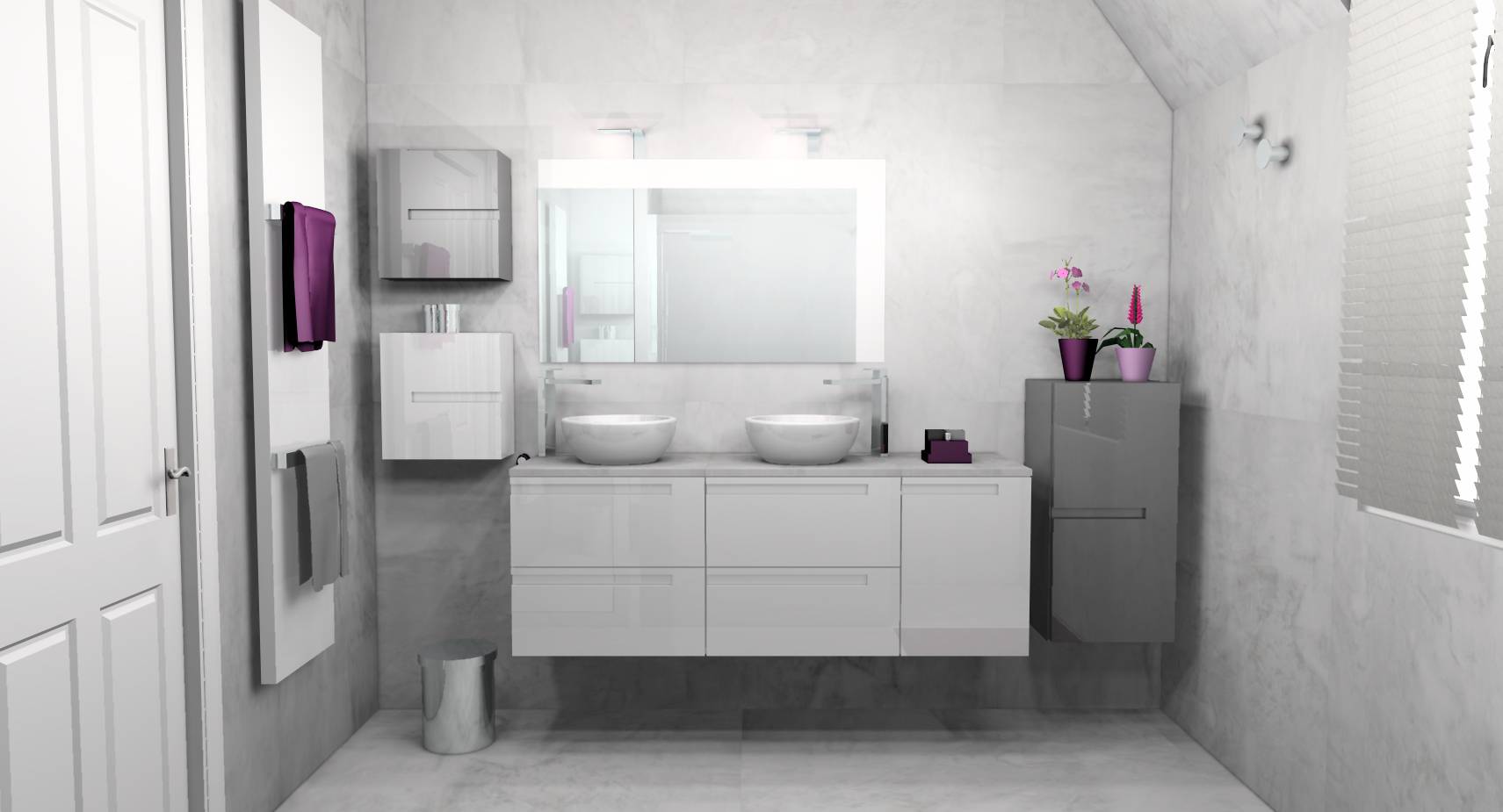Salle d'eau parentale béton ciré gris clair douche à l'italienne meuble double vasque blanc brillant touches prune