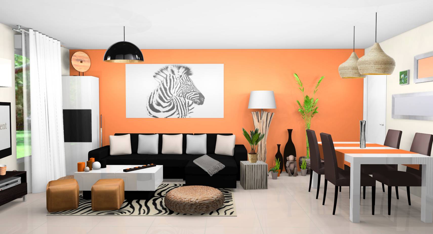 Séjour salle à manger contemporains exotiques murs lin orange carrelage brillant beige mobilier laqué blanc bois wengé tableau zèbre touches orange