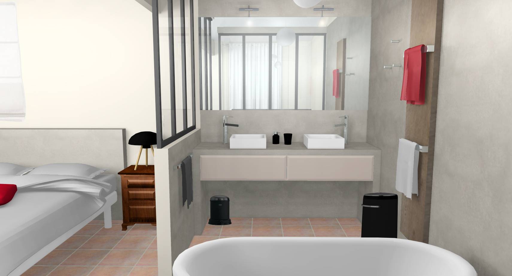 Chambre salle de bain verrière industrielle béton ciré mélange mobilier moderne ancien vasques posées mitigeurs hauts