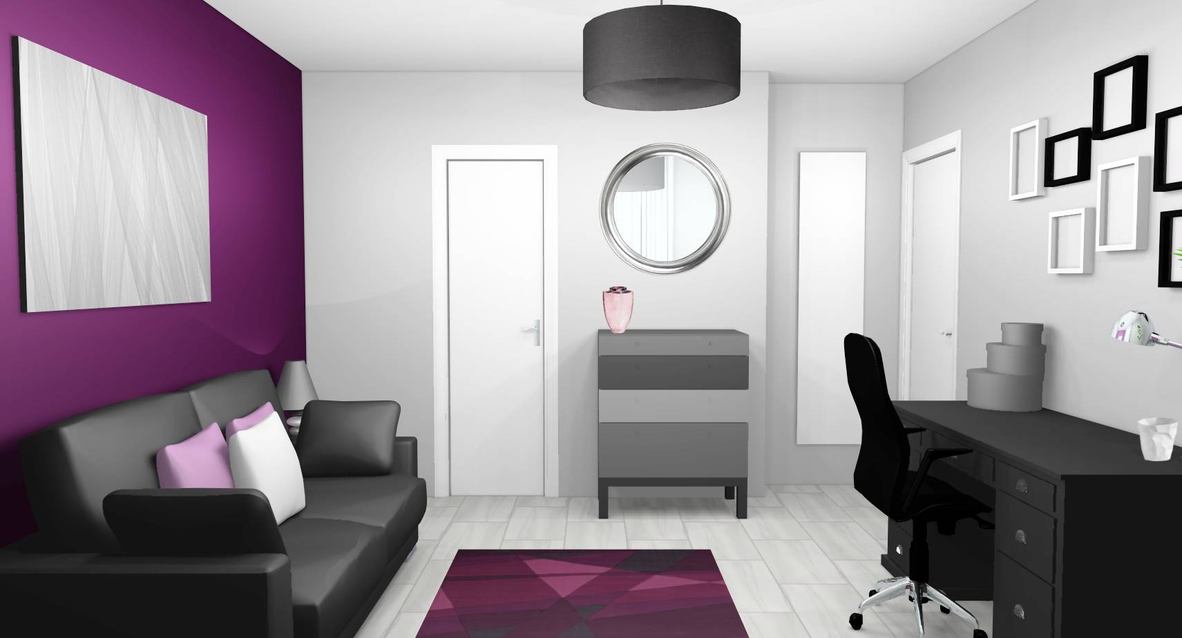 Bureau chambre d'amis prune grise sol marbre bureau coquille tapis design violet touches mauves