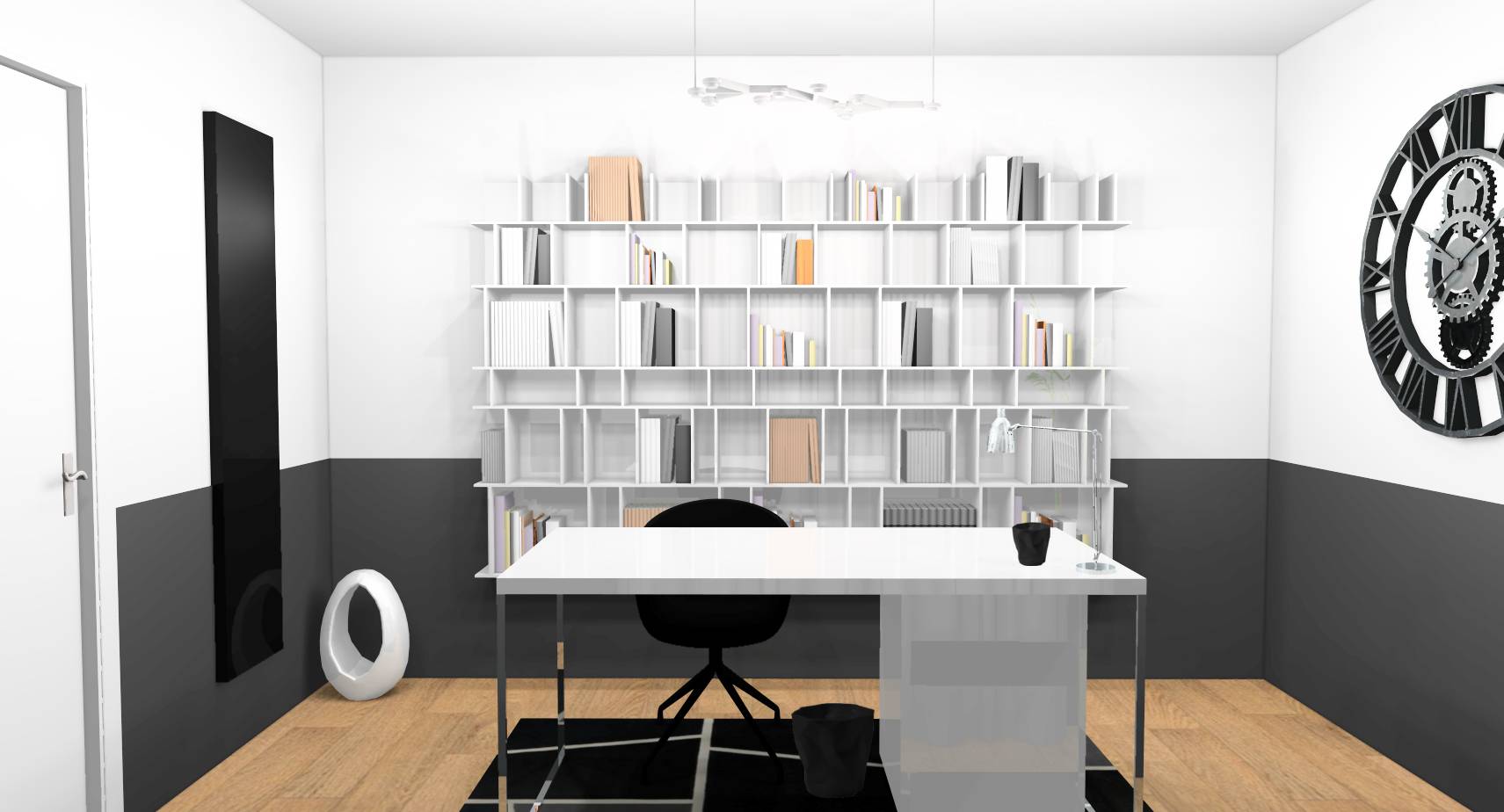 Bureau design sous-bassement graphique anthracite mobilier laqué blanc bibliothèque moderne