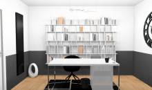 Bureau design sous-bassement graphique anthracite mobilier laqué blanc bibliothèque moderne