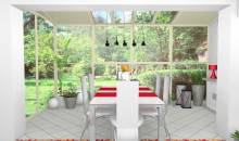 Séjour salle à manger véranda design moderne verrière laqué blanc gris touches rouges