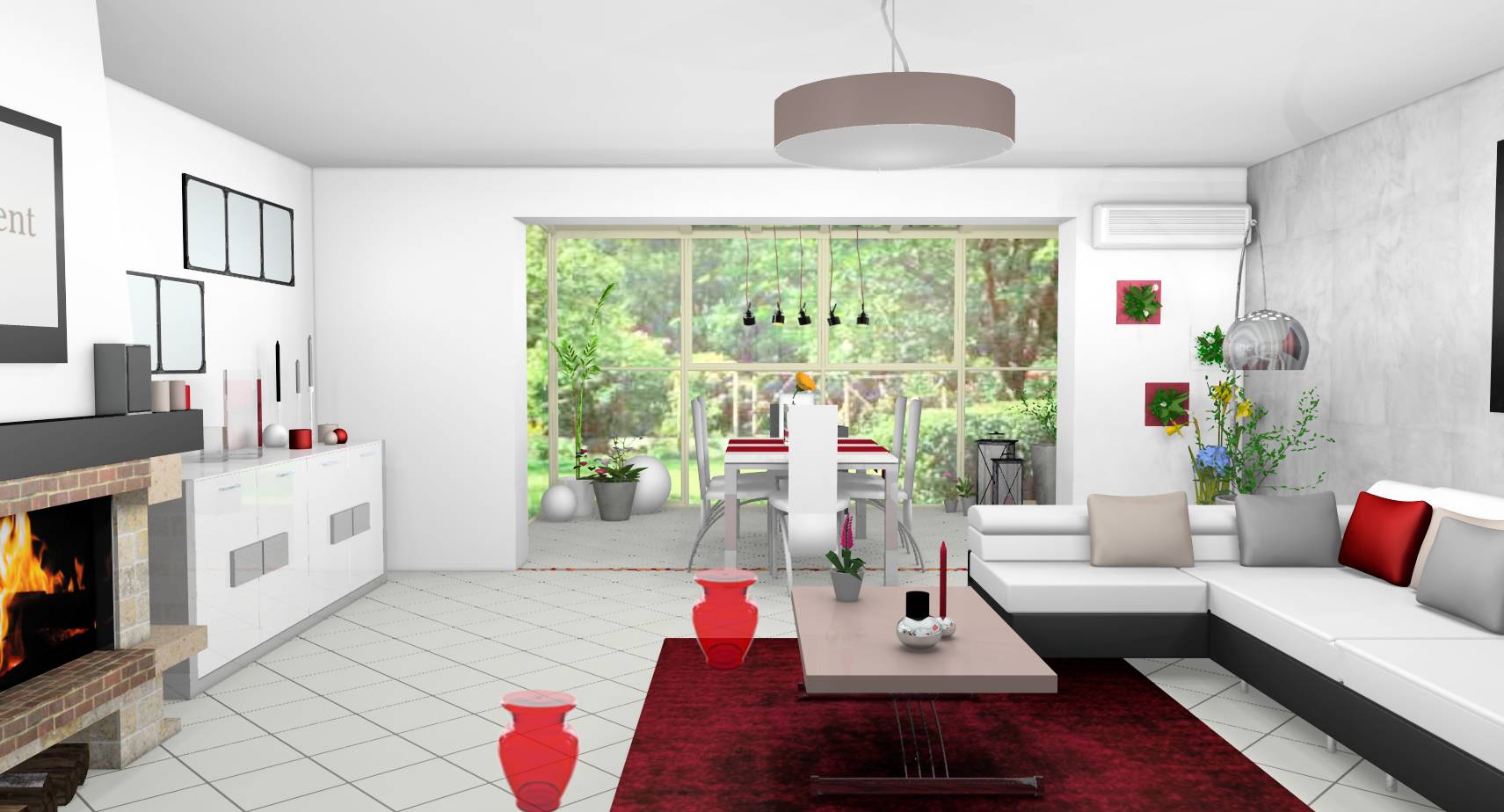 Séjour salle à manger véranda design moderne verrière laqué blanc gris touches rouges