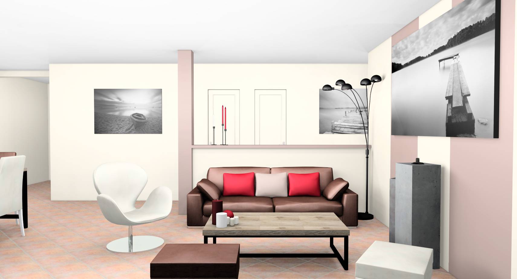 Séjour salle à manger murs lin taupe poêle tomettes ambiance industrielle chaleureuse mobilier bois blanc mat touches rouges