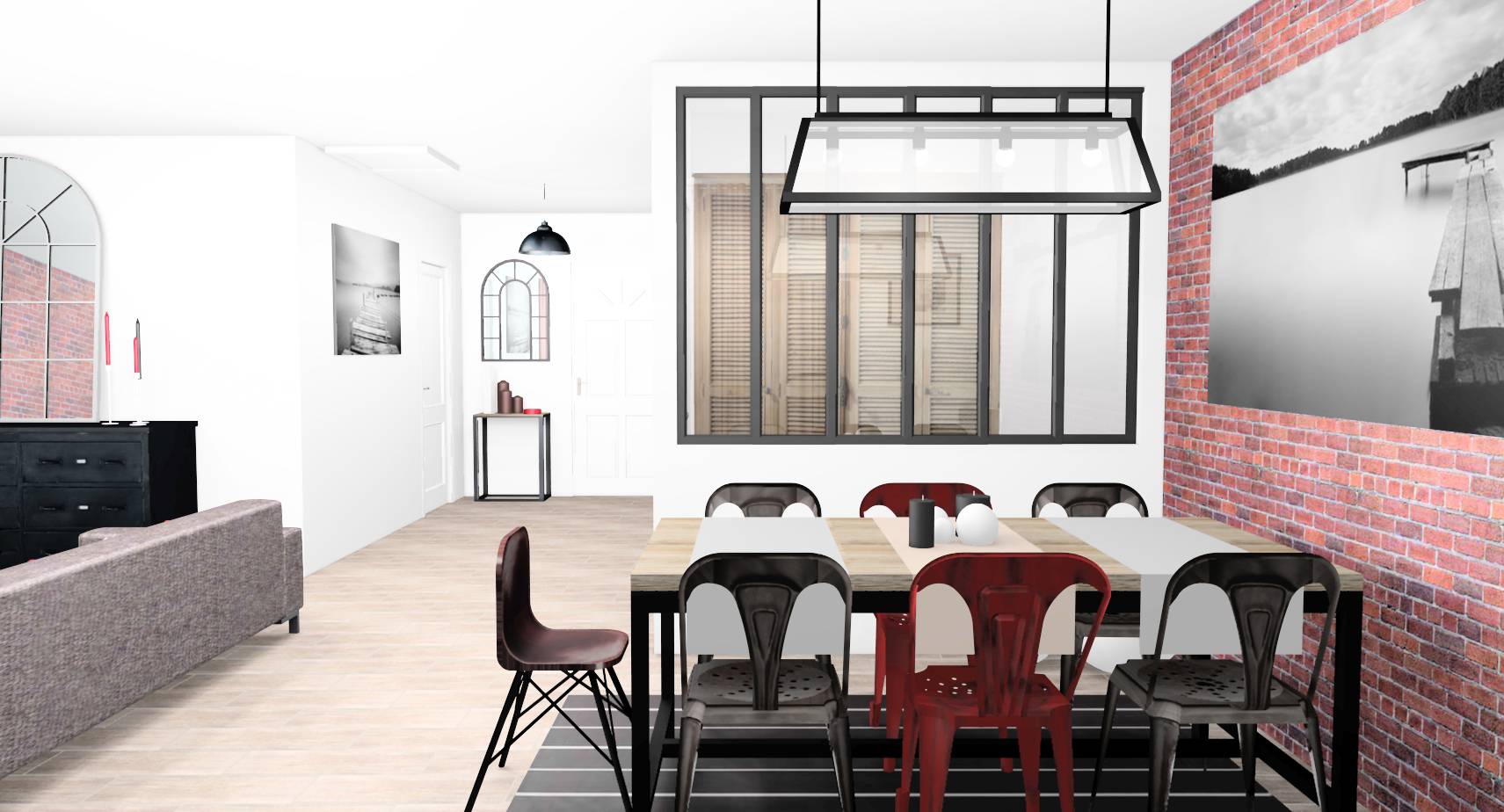 Séjour salle à manger contemporains industriels murs blancs briques mobilier métal bois carrelage imitation parquet verrière touches rouges